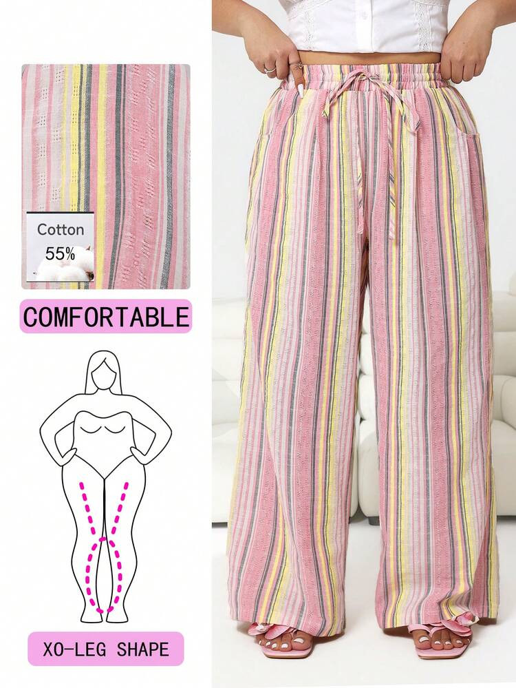 Solflare Pastel Pink,Summer,Boho,Holiday Striped Cotton Blend Relaxed Fit Loose Pants,Casual Vers... | SHEIN