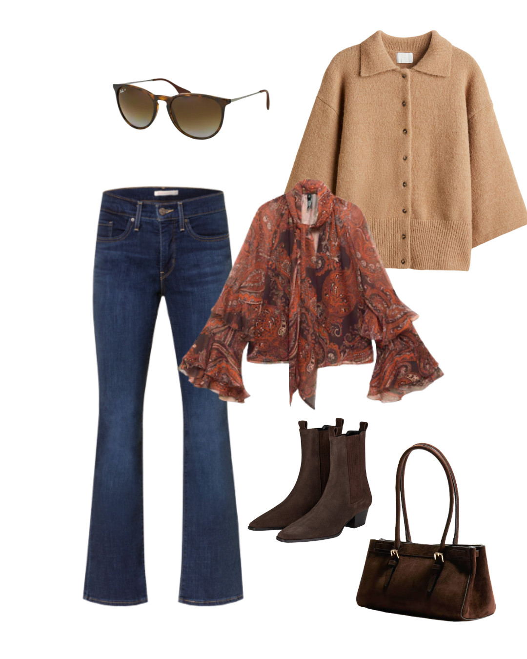 Flared (Bootcut) Jeans - Schlaghose in Boho Style in Kombination mit einer Schluppenbluse mit Rüschen und einem Cardigan in Beige.  

 #LTKstyletip #LTKjeans #LTKautumn