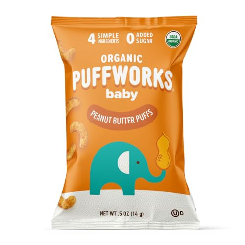 Puffworks Baby Organic Peanut Butter Puffs, Perfect for Early Peanut Introduction, Plant-Based Protein, USDA Organic, Gluten-Free, Vegan, Non-GMO, Kosher, 0.5 Ounce (Pack of 12) | Amazon (US)