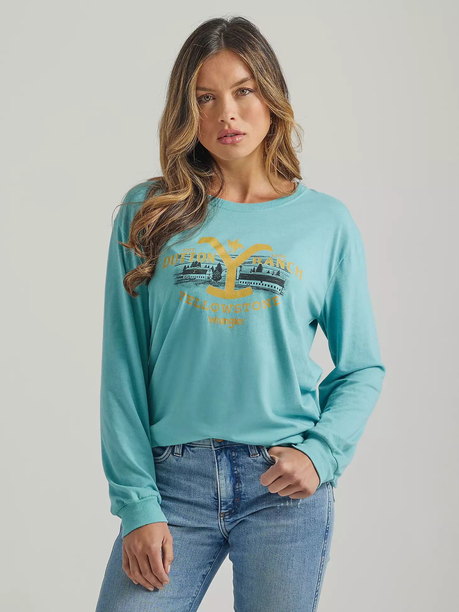Wrangler x Yellowstone Women's Dutton Ranch Long Sleeve Boyfriend Tee in Blue Porcelain | Wrangler