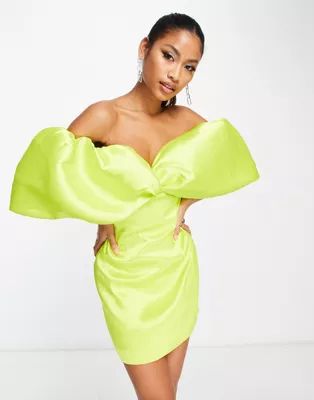 ASOS EDITION satin twill off shoulder mini dress with twist bust detail in chartreuse | ASOS (Global)