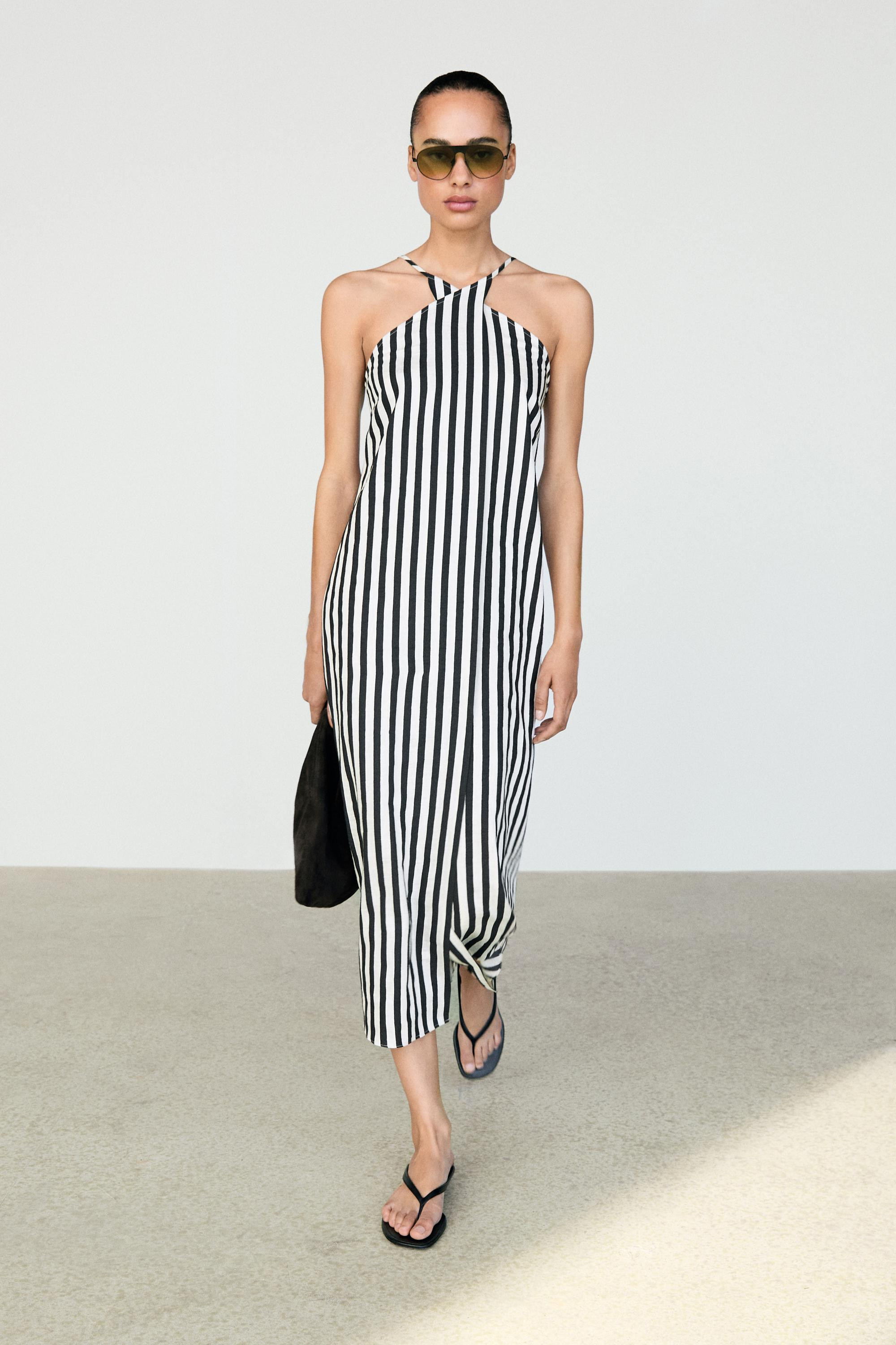 Striped midi dress with crisscross straps | Massimo Dutti UK