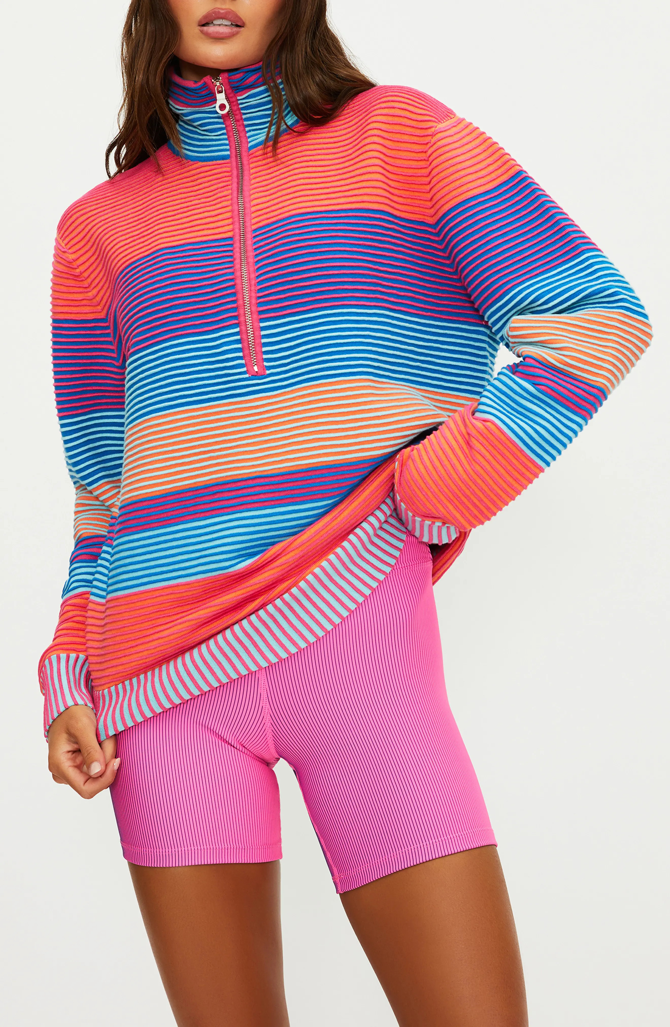 Beach Riot Lainey Stripe Half Zip Sweater in Vibrant Volley Stripe at Nordstrom, Size X-Small | Nordstrom