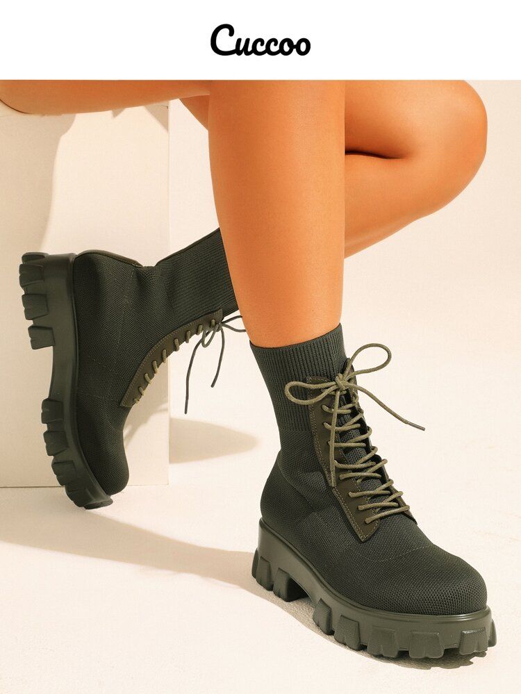 Cuccoo Minimalist Lace-up Front Knit Combat Boots | SHEIN
