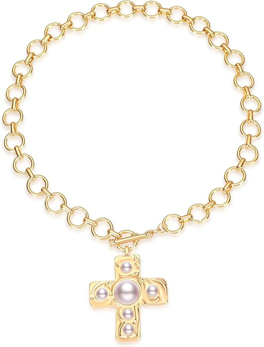 MQV Chunky Statement Gold Hammered Bold Cross Necklace Thick Chain Vintage Chain Pendant Jewelry | Amazon (US)
