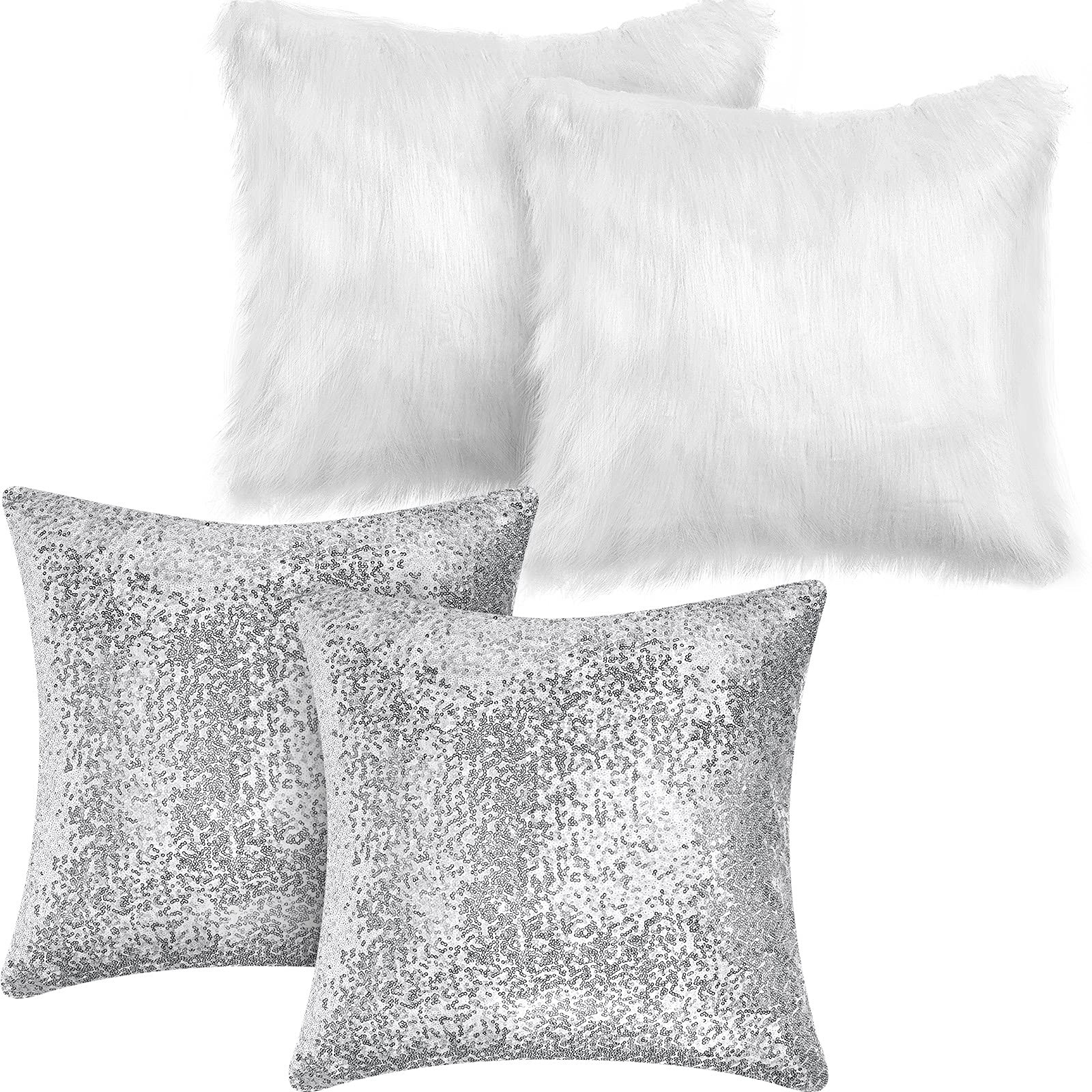 Irenare 4 Pcs Sequin and Fluffy Pillow Covers Winter Throw Pillow Cases Soft Cushion Cover for Co... | Amazon (US)