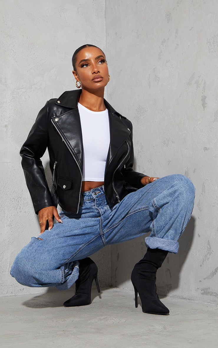 Black Faux Leather Regular Fit Belted Biker Jacket | PrettyLittleThing US