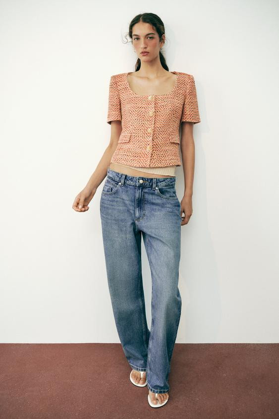 Zara - Short Sleeve Round Neck Blazer - Orange - S - Woman | Zara US