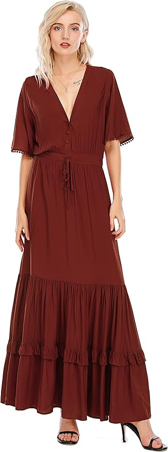 R.Vivimos Womens Summer Cotton Short Sleeve V Neck Floral Print Casual Bohemian Midi Dresses | Amazon (US)