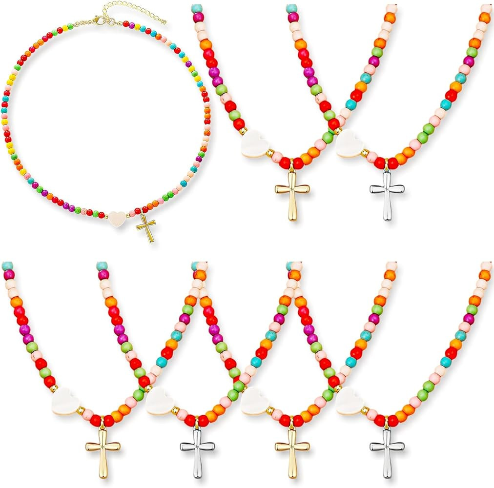 6 Pcs Valentines Day Gift Colorful Beaded Cross Necklaces Bulk for Women, Gold Plated Pendant Bap... | Amazon (US)