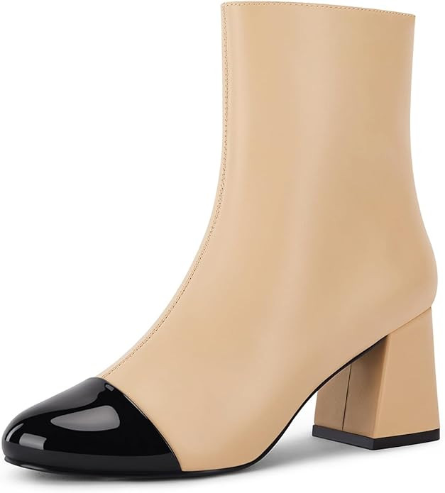 Coutgo Womens Ankle Boots Chunky Block Low Heel Two Tone Round Toe Side Zipper Dress Fall Booties... | Amazon (US)