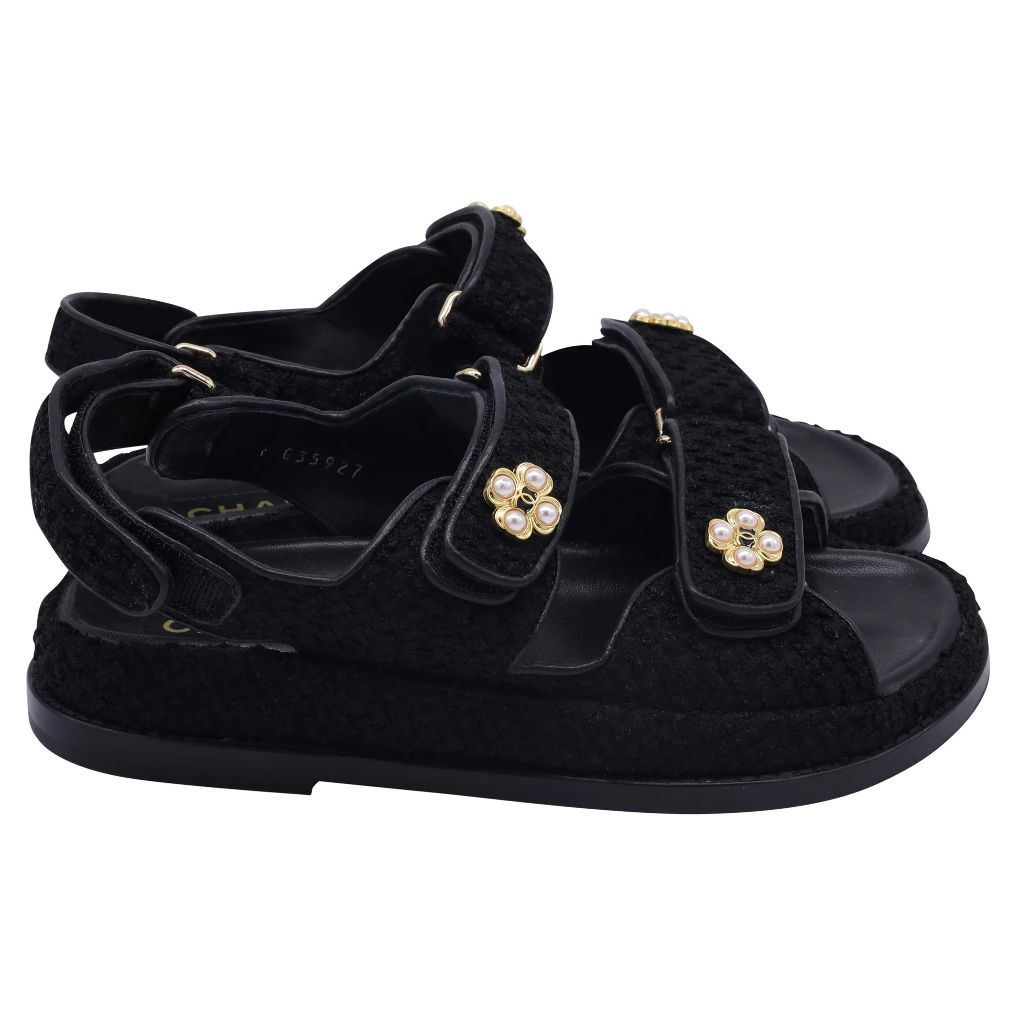 Chanel Velcro Dad Sandals in Black Tweed | Shop Simon
