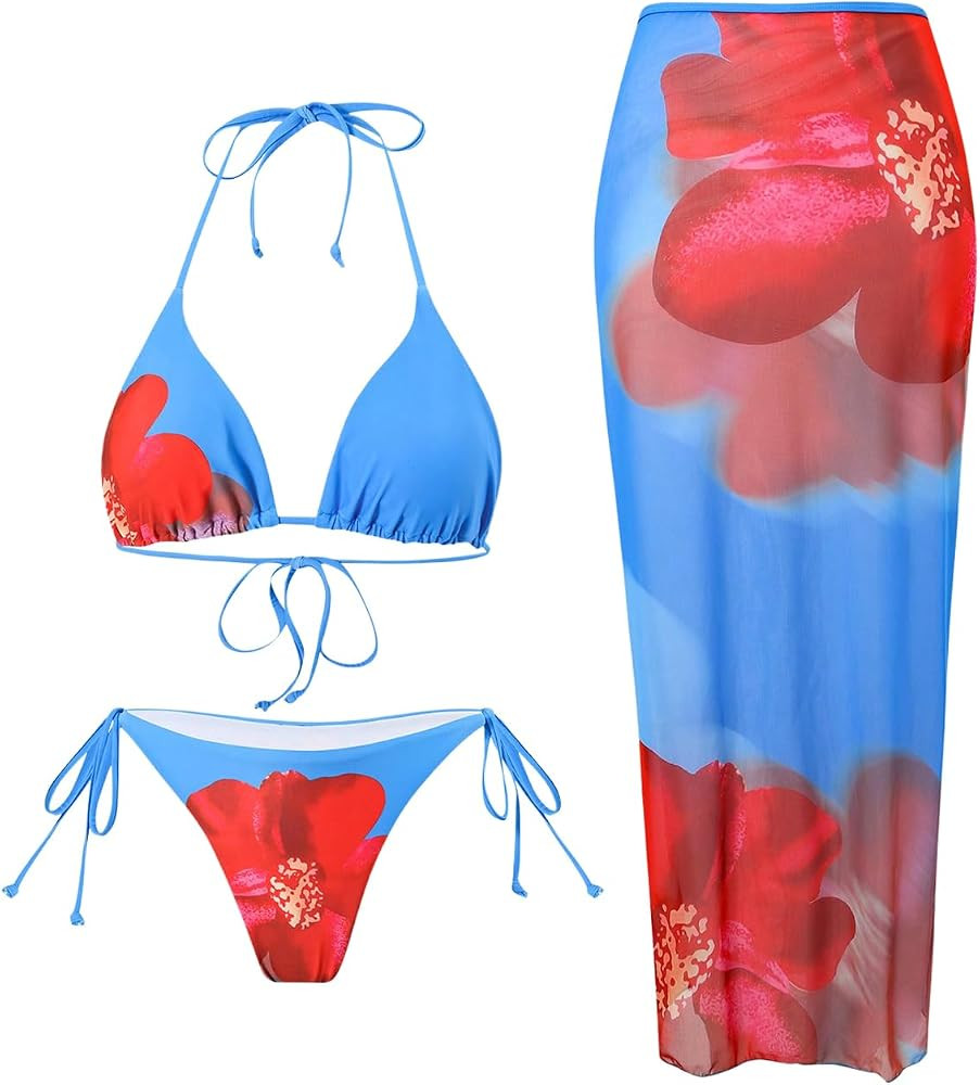 GORGLITTER Women's 3 Piece Swimsuits Floral Print Halter Triangle Tie Side Bikini Set with Cover ... | Amazon (US)
