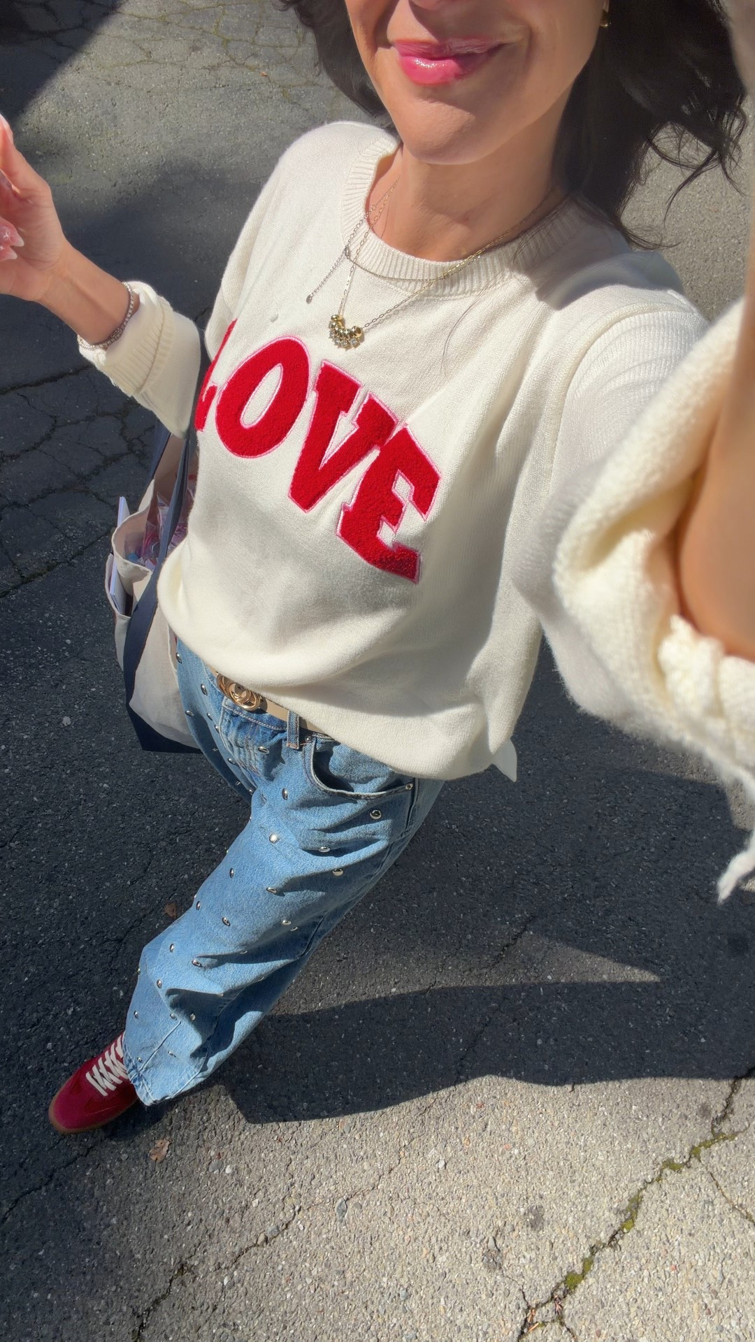 Size down in the jeans. Half a size up in the shoes  

#LTKValentine #LTKootd