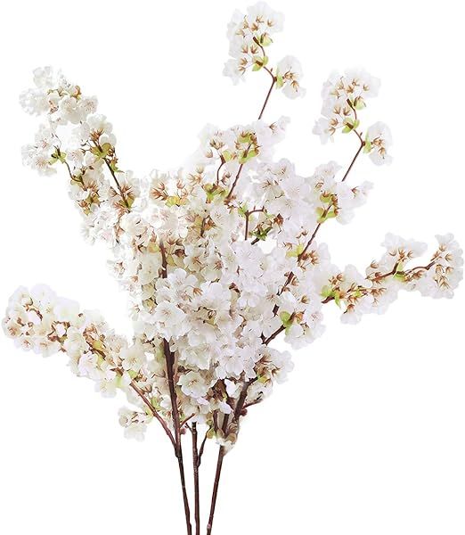 Sunm Boutique 3 PCS 39 in Artificial White Cherry Blossom Flower Faux White Cherry Blossom Silk C... | Amazon (US)