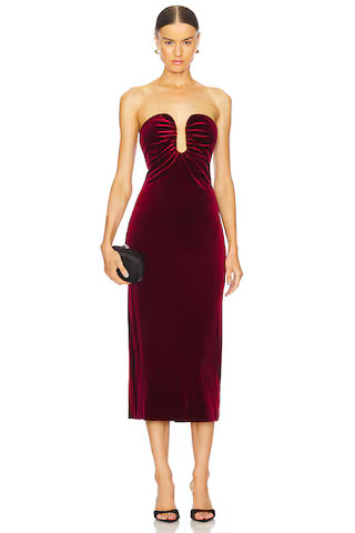 Arista Dress in Wine Red Velvet Midi Dress Cocktail Wedding Guest Dress Cocktail Outfits Winter 2025 | Revolve Clothing (Global)