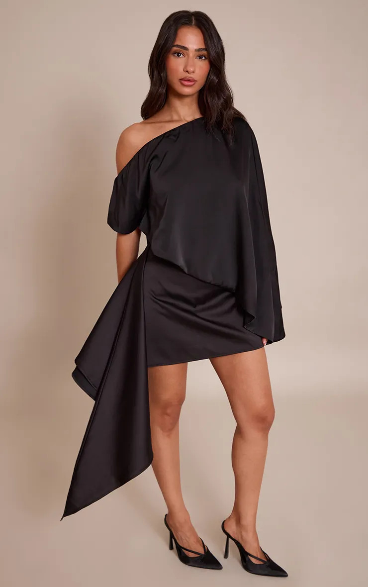 Black PrettyLittleThing Satin Asymmetric Mini Skirt | Boohoo | Boohoo.com (UK & IE)