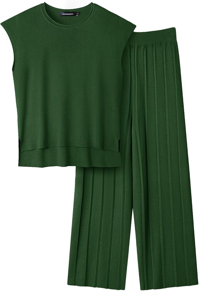 MEROKEETY Women’s 2 Piece Outfits Knit Matching Lounge Sets Cap Sleeve Sweater Top and Elastic ... | Amazon (US)