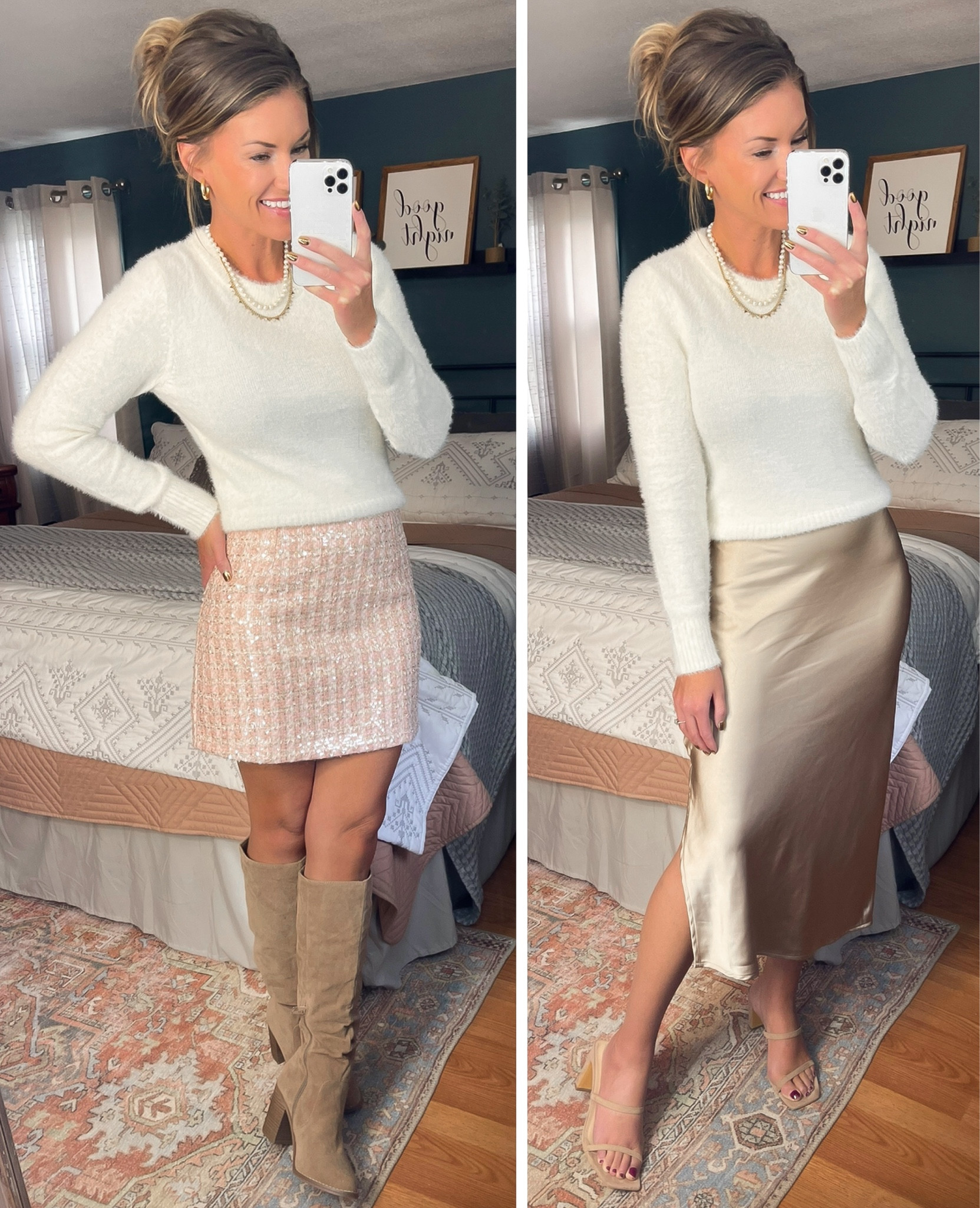 Sweater/small
Sequin skirt/medium 
Satin skirt/ small 

#LTKHoliday #LTKSeasonal #LTKparties