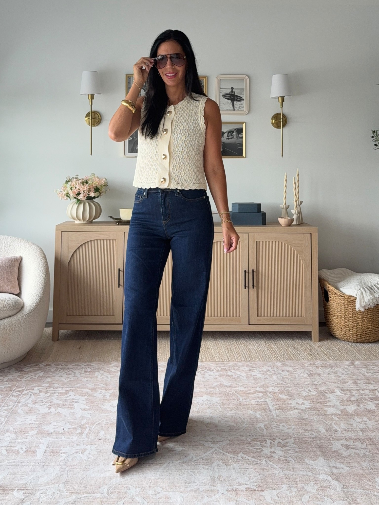 Target denim in length- designer look for less in 3 lengths. Size up one size. Wearing a 4 long 
The dark pair has slight stretch to them. 
Tops- small 

#LTKOver40 #LTKU #LTKFindsUnder50