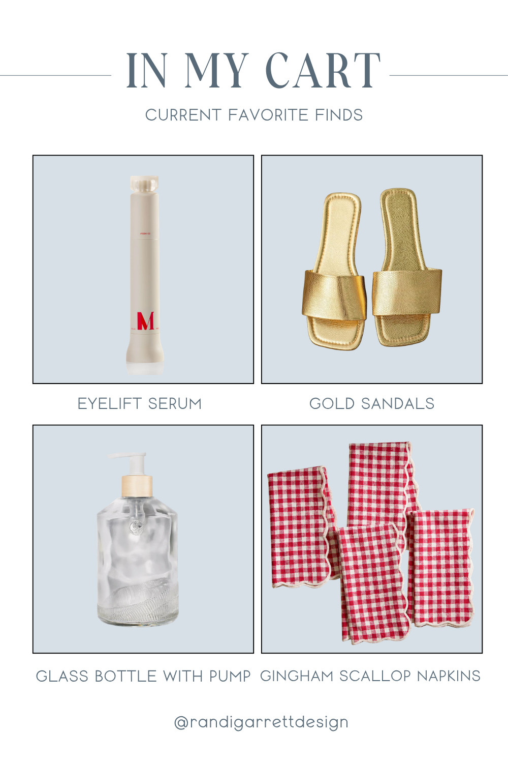 New home, beauty, and style finds I'm adding to cart!

Gold Sandals
Empty Glass Bottle With Pump
EyeLift Bioremodeling Peptide Multiplex
Red Gingham Scallop Napkins

#LTKootd #LTKHome #LTKBeauty