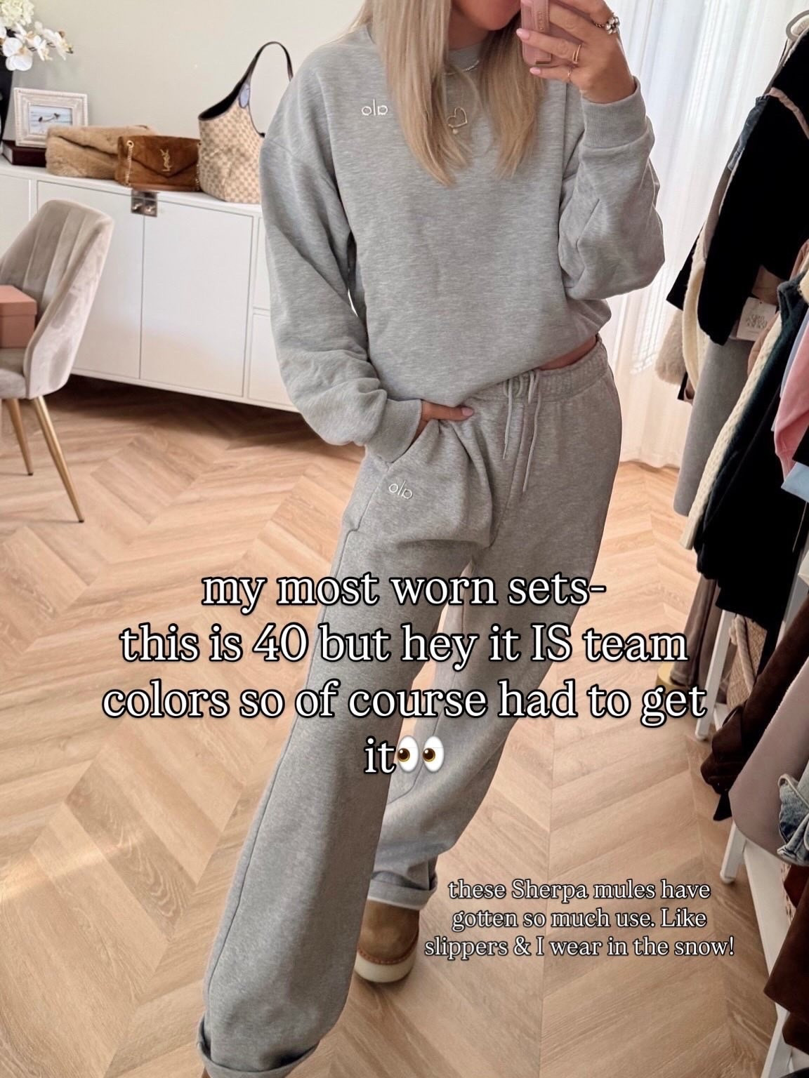 Another day another sweat suit! Ok but this one is team colors! Yes gray … IYKYK! 🩶

Lounge set. Alo. Gray. Sweatpants. Clogs. Sherpa. 

#LTKmomlife #LTKSeasonal #LTKootd