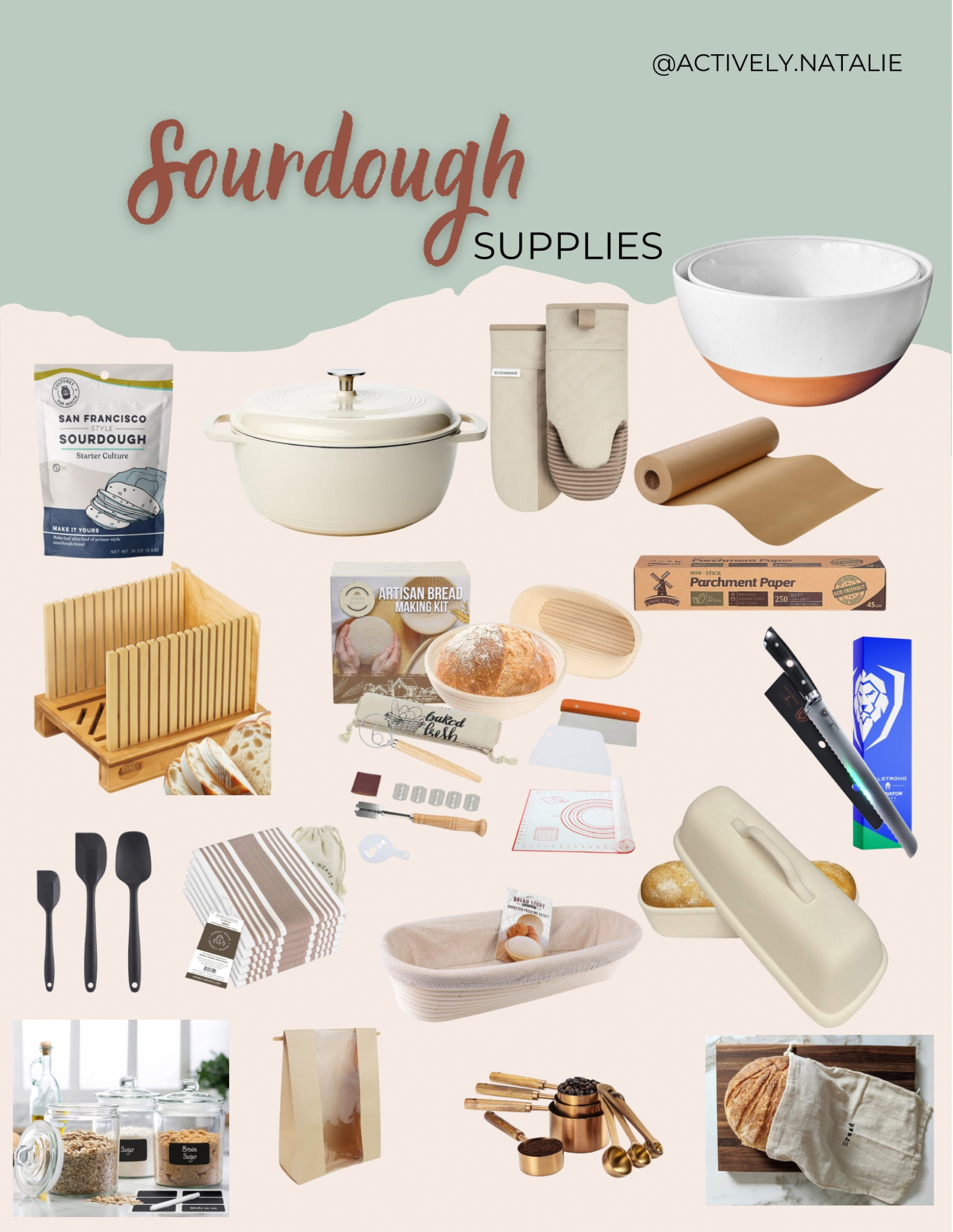 Some of my favorite Sourdough bread supplies! I have a 4 part tutorial on instagram about HOW to make sourdough for beginners! The videos are saved under my highlight “sourdough” 
Instagram: @actively.natalie