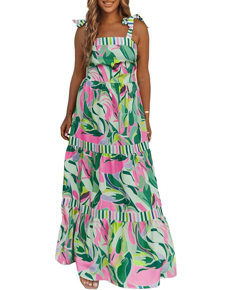 AlvaQ Women's 2024 Summer Sleeveless Floral Print Maxi Dress Strap Square Neck Beach Sun Dress | Amazon (US)