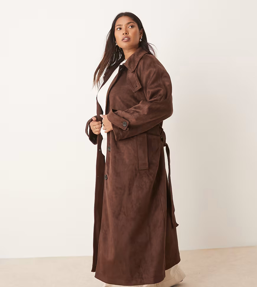 ASOS DESIGN Curve faux suede funnel neck trench coat in chocolate-Brown | ASOS (Global)
