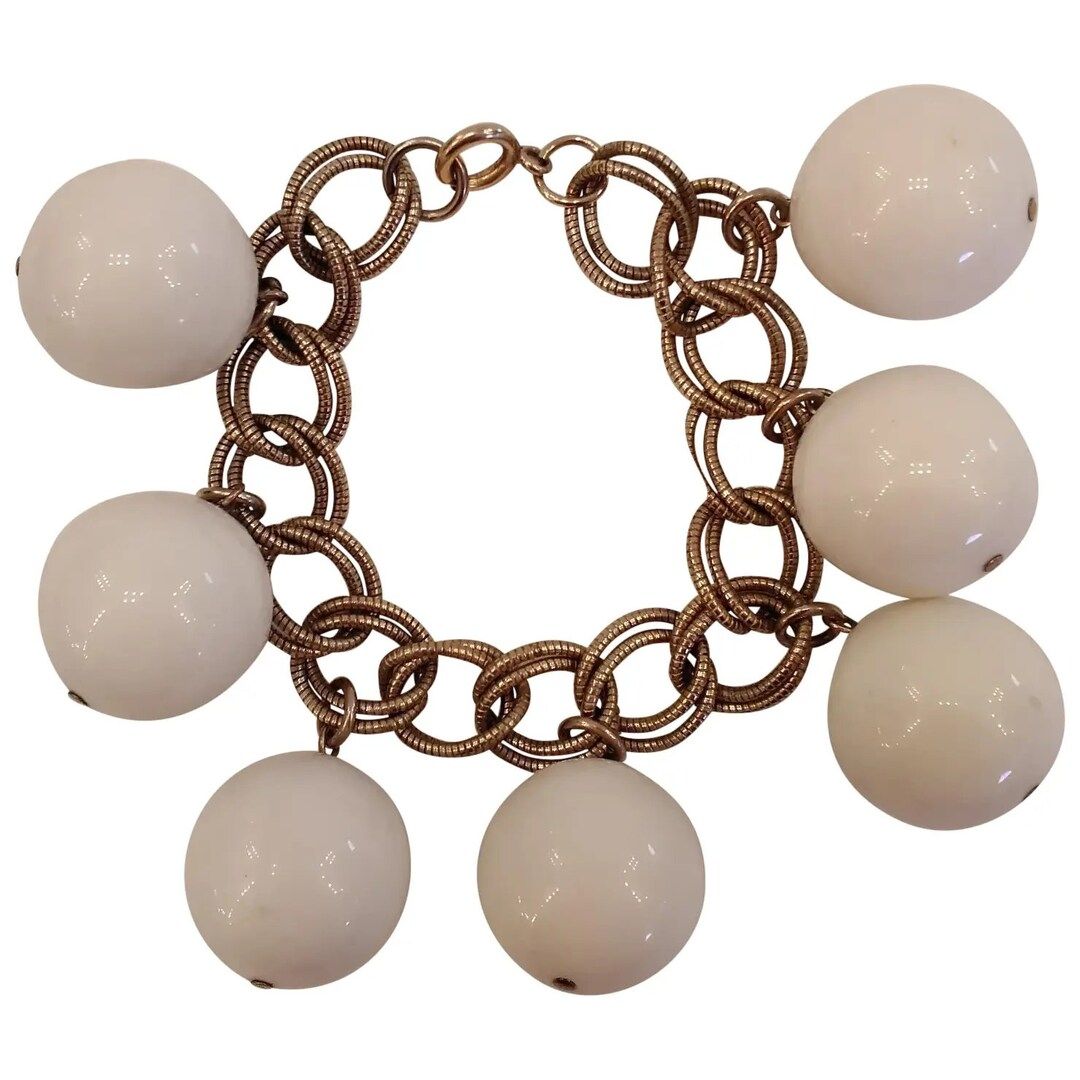White Glass Dangling Balls on Gold Tone Chain Vintage Bracelet - Etsy | Etsy (US)