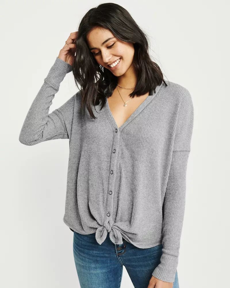 Womens Cozy Tie-Front Button-Up | Womens Tops | Abercrombie.com | Abercrombie & Fitch US & UK