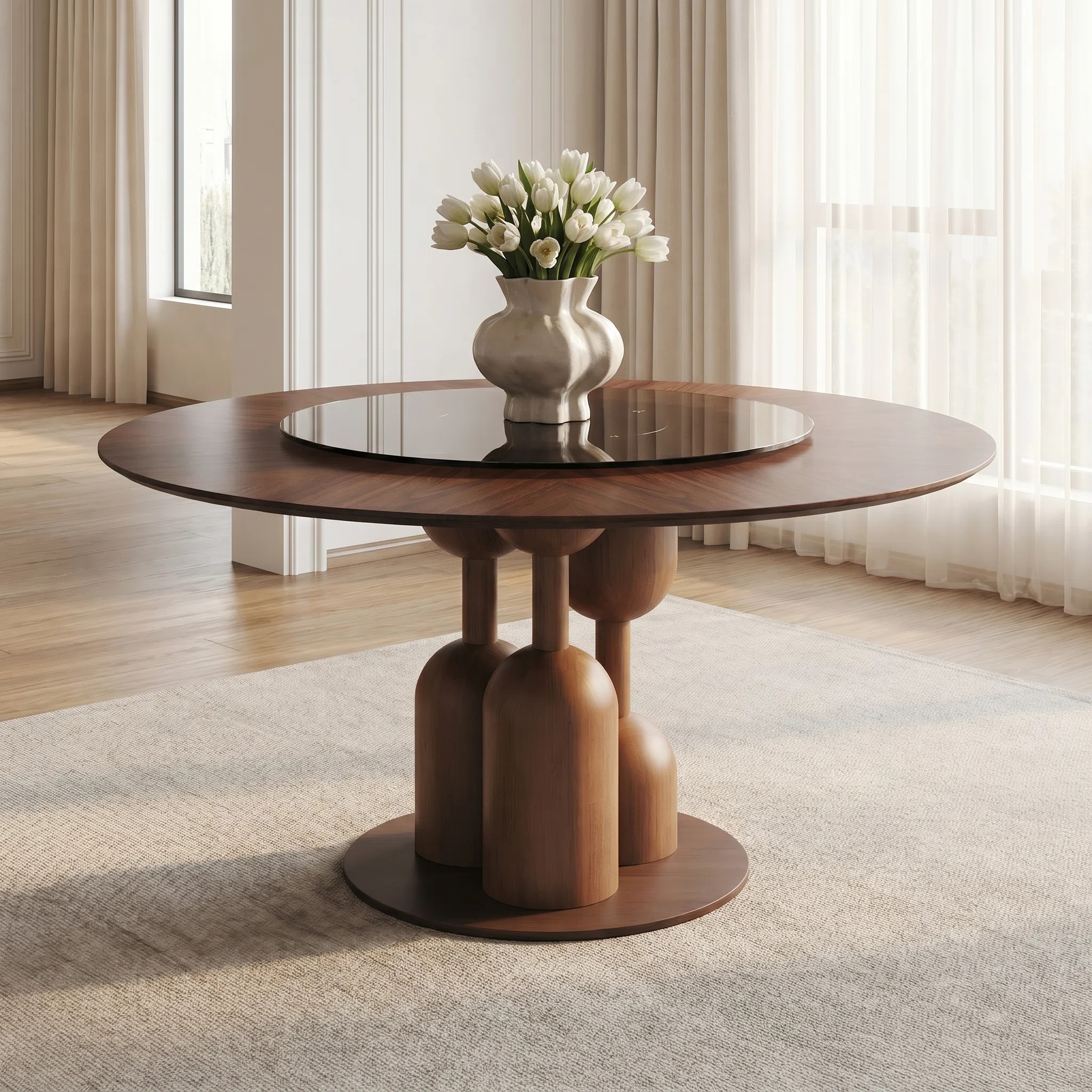 George Oliver Aurora 59'' Mid-Century Solid Wood Round Dining Table With Glass Lazy Susan | Wayfa... | Wayfair North America