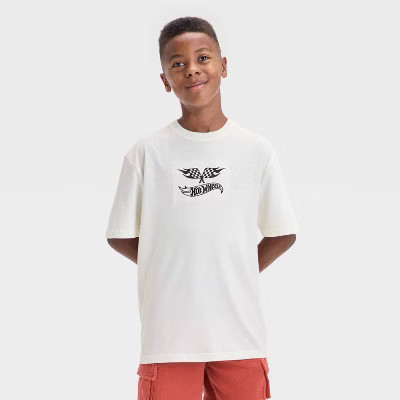 Boys' Hot Wheels Embroidered Front and Back Graphic Oversized Short Sleeve T-Shirt - Ivory XXL | Target