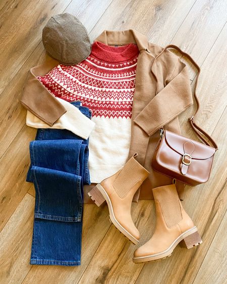 Fall outfit. Coatigan. Fairl isle sweater. 90s jeans. Brown lug boots. Taylor swift red inspired outfit. 

#LTKSale #LTKSeasonal #LTKsalealert