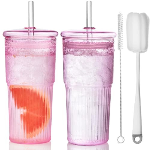 ALINK Pink Glass Cups with Glass Lids and Straws, 22 oz High Borosilicate Clear Iced Coffee Glass Tumblers, Drinking Glass Smoothie Tea Water Cups, Pack of 2 with Cleaning Brush | Amazon (US)