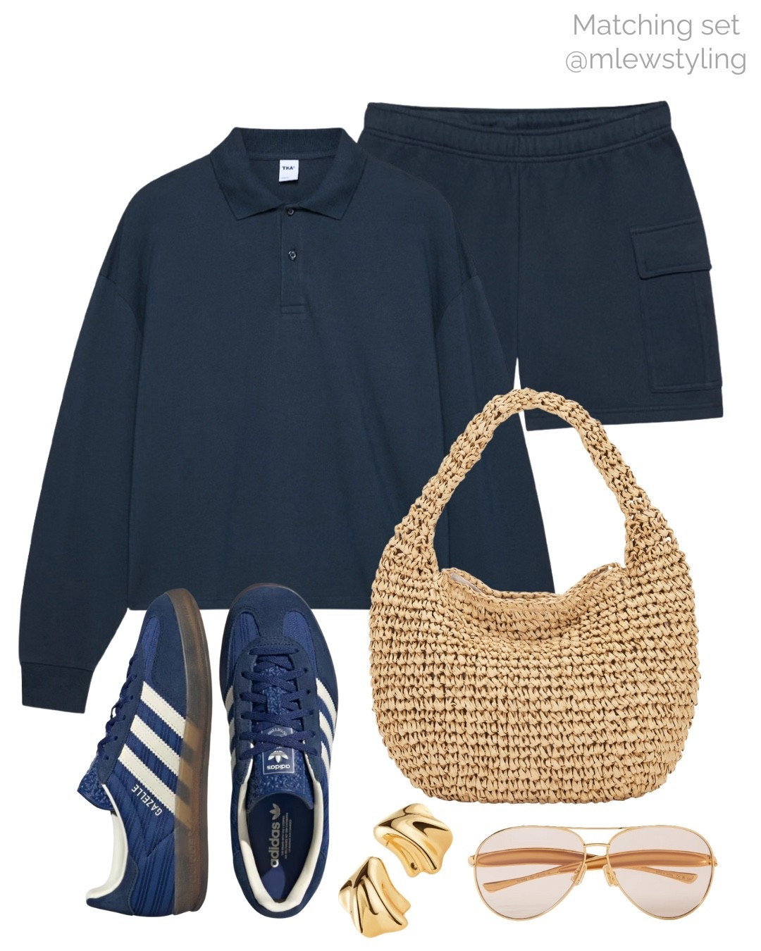 Navy blue matching set for the weekend  💙

Tags: raffia bag, adidas gazelle sneakers, bottega veneta aviator sunglasses, Jenny bird earrings, aritzia polo sweater, navy blue sweat shorts, summer outfit, errands look, everyday outfit, travel look, airport outfit 

#LTKShoeCrush #LTKTravel #LTKStyleTip