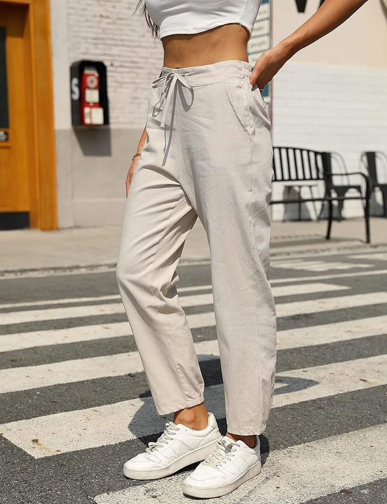 Tanming Linen Pants for Women Summer Casual High Waisted Drawstring White Beach Pant | Amazon (US)