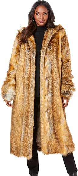 Roaman's Women's Plus Size Full Length Faux-Fur Coat With Hood | Amazon (US)