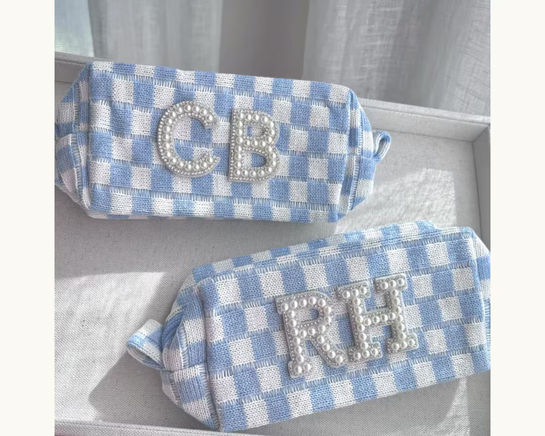 Light Blue Checkered Pouch, Coastal Bachelorette Party Favors, Checker Makeup Bag, Custom Toiletr... | Etsy (US)