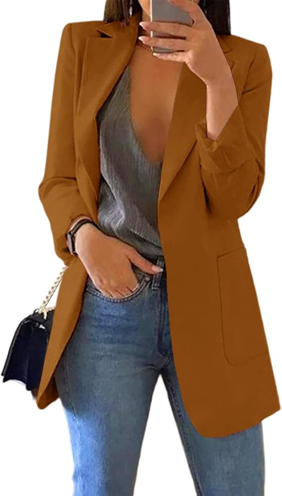 Cnkwei Womens Casual Blazers Open Front Long Sleeve Lapel Collar Work Office Jacket | Amazon (US)