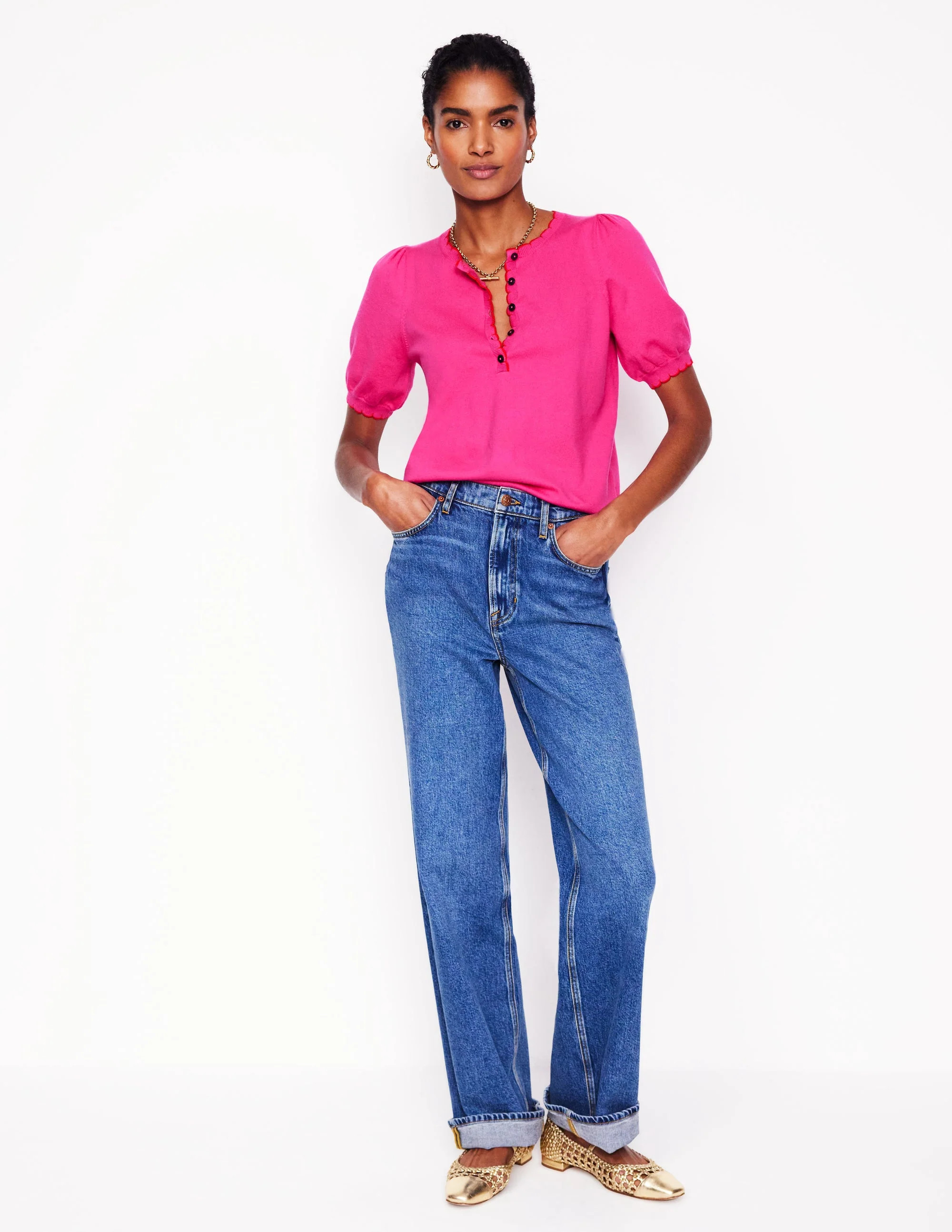 Pru Scallop Trim T-shirt-Pink Peony | Boden (US)