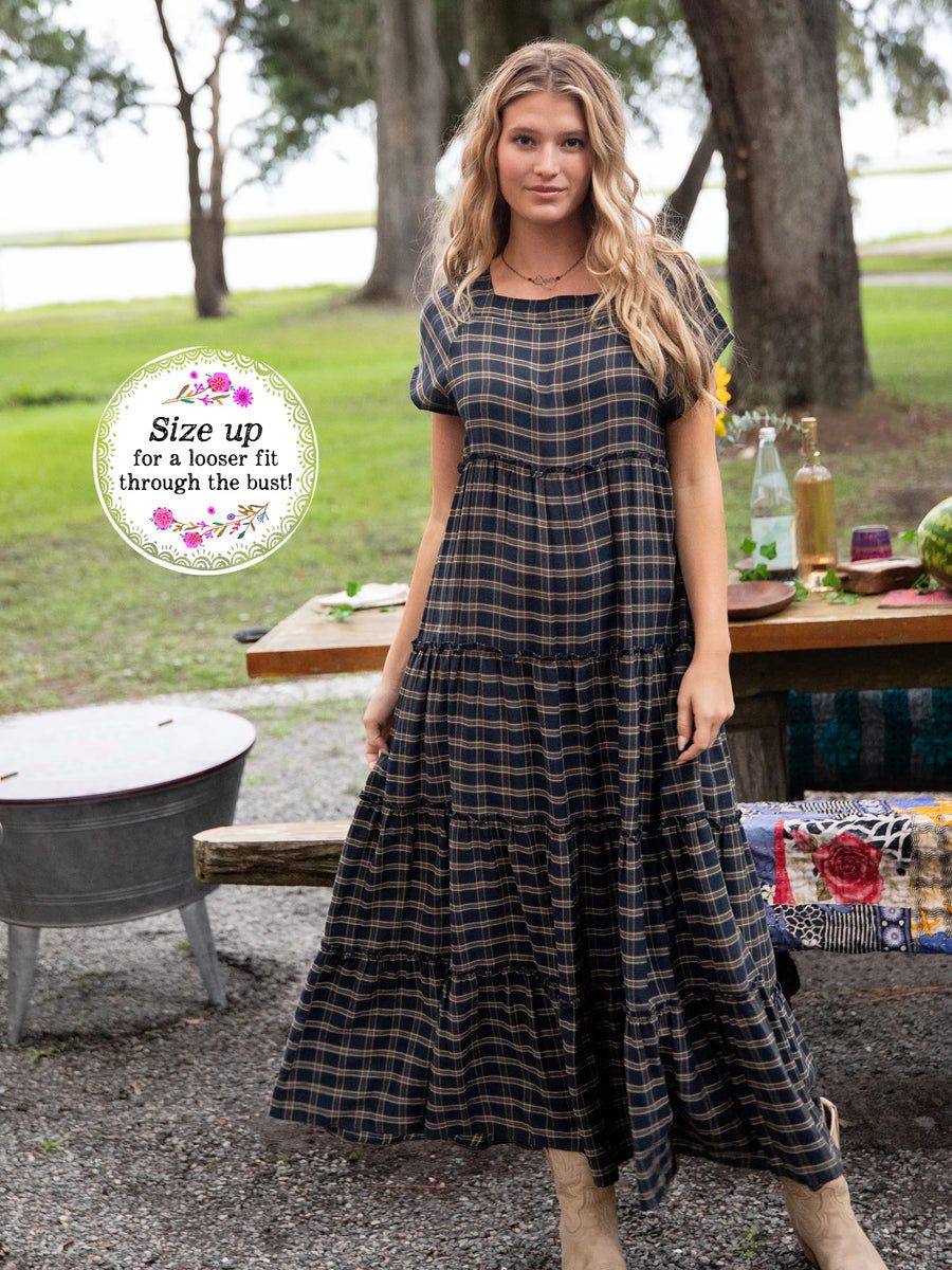 Plaid Berkley Maxi Dress - Navy Tan Plaid | Natural Life