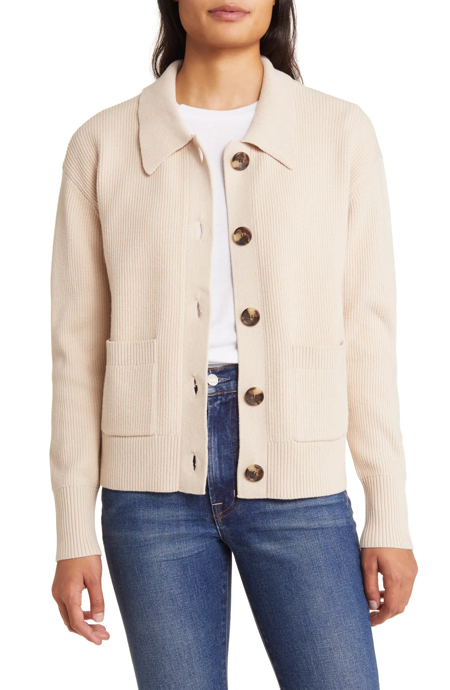 Caslon® Collar Organic Cotton Blend Cardigan | Nordstrom | Nordstrom