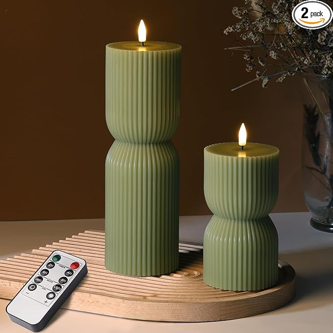 Olive Green Ribbed Flameless Pillar Candles with Remote, LED Candles Battery Operated Flickering ... | Amazon (US)