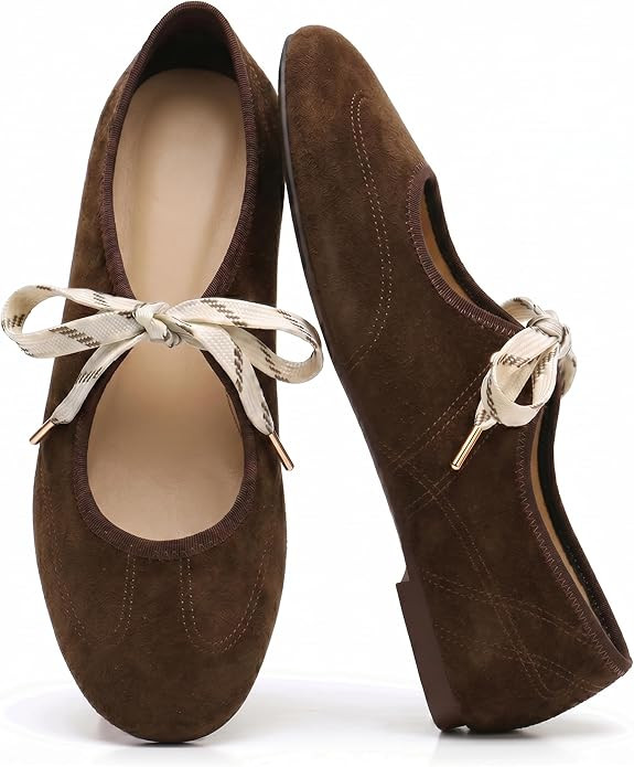 Lace up Ballet Flats for Women Round Toe Mary Jane Ballerina Flats | Amazon (US)