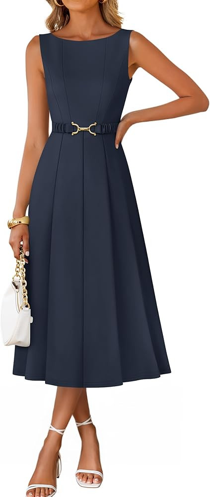 ZESICA Women Summer Sleeveless Midi Dresses 2026 Elegant Boat Neck A Line Tie Waist Spring Cockta... | Amazon (US)