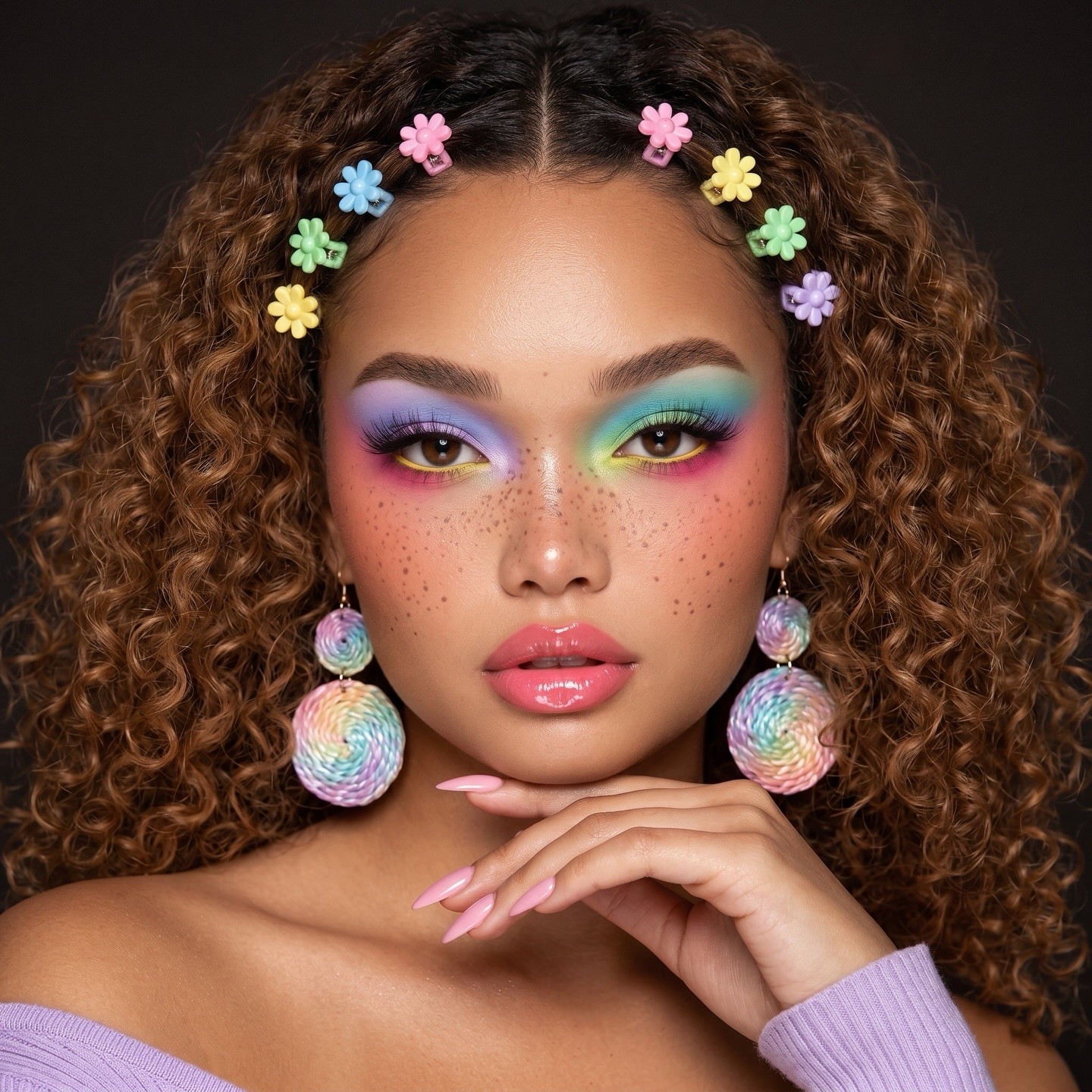 soft girl, hard launch ✨🌈 rainbow eyes, candy curls, daisy clips — i gave myself every color and zero apologies 🍭💜 the @morphe 35B palette had me in a chokehold and the @flowerknowsofficial shimmer toppers sealed the deal. lips are the @fentybeauty Gloss Bomb in Peach Pleasr because of course 💋

🌈 Eyes — @morphebrushes 35B Color Glam Palette + @flowerknows.official Flower Mist Shimmer Toppers
🍑 Skin — @fentybeauty Eaze Drop Skin Tint in 12W
🌸 Blush — @flowerknowsofficial Strawberry Rococo Blush in Peach Petal
✨ Highlight — @nyxcosmetics Ultimate Glow Shots in Blinding Bellini
🍭 Lips — @fentybeauty Gloss Bomb in Peach Pleasr
🌼 Hair Clips — Pastel Daisy Clips (Amazon)

full product breakdown linked on my LTK &  ShopMy — tap the link in bio 🔗