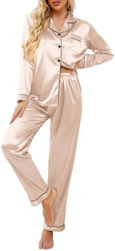 Ekouaer Women's Classic Button Down Long Satin Silk Pajama Set | Amazon (US)