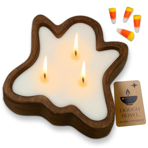 Dough Bowl Candle Co. Ghost Candles - 7x7x2in Halloween Candles, Wooden Fall Candle Decorations with Candy Corn Scent, Cute Fall Room Decor, 100% Soy Wax, Autumn Aesthetic with 35h Burn Time | Amazon (US)