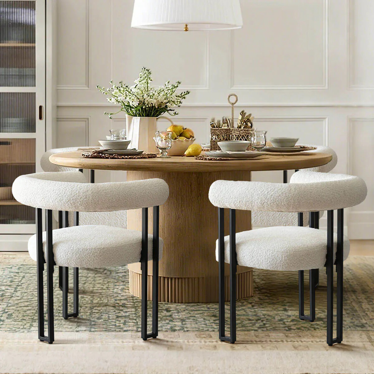 Maison Boucle Set of 4 Beige Boucle Dining Chairs with Accent Open Back and U-Shaped Black Metal Legs for Kitchen one_size in White | Lowe's